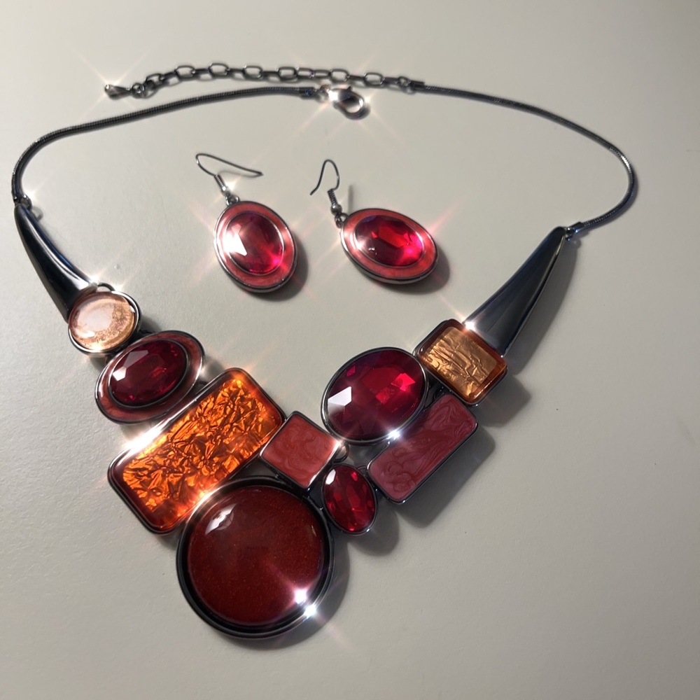 Glass and enamel necklace and earring set NWOT